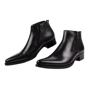 Woufo Freedom Of Man Pointed Toe Leather Ankle Boots Black Zip Up 9-9.5